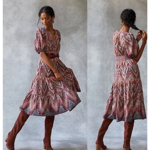 Anthropologie Conditions Apply Women 00 Boho Puff-Sleeved Midi‎ Abstract Midi - Picture 1 of 8